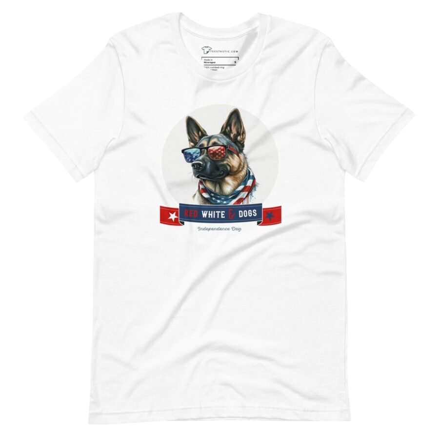 A "Independence Day 4th July | RED WHITE AND DOGS | Unisex Heavy Cotton Tee" featuring a German Shepherd wearing an American flag for Independence Day.