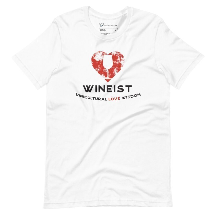An Unisex Heavy Cotton white t-shirt with the word Love Wineist on it, perfect for those who love Wineist.