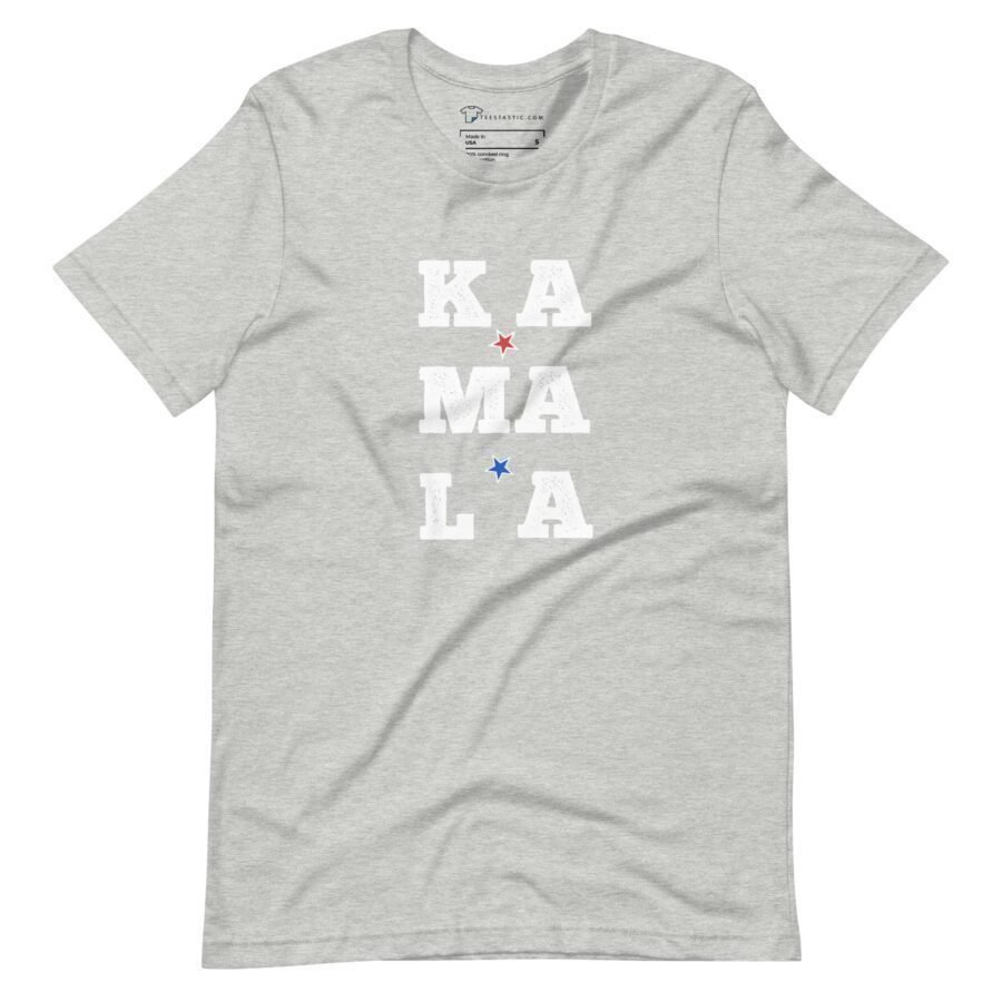The "KAMALA | Elections 2024" unisex t-shirt in gray features the text "KAMALA" in white letters arranged in three vertical rows, with red and blue stars interspersed between the letters, making it a perfect choice to show your support ahead of the Elections 2024.
