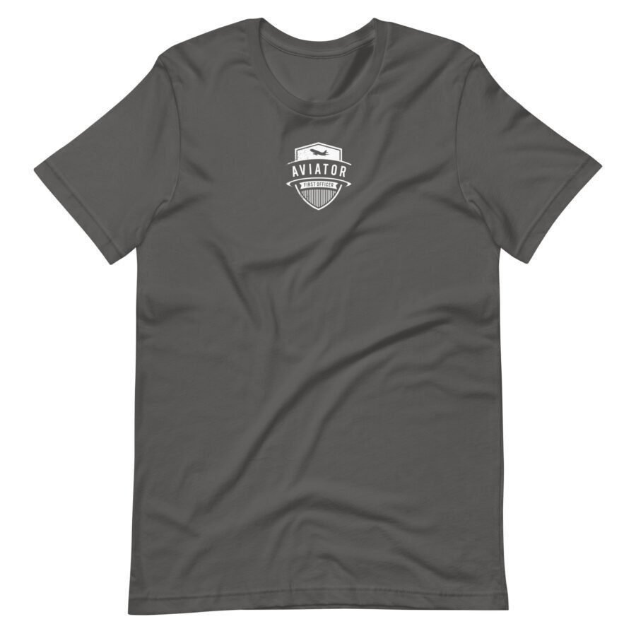 A dark gray unisex T-shirt featuring a small white "Aviator" logo and "737 Jet" text on the upper chest area, named "Aviator First Officer / 737 Jet.